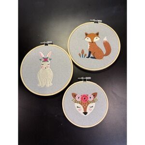3 Finished Embroidery Woodland Animals In Hoops Fox Rabbit Deer